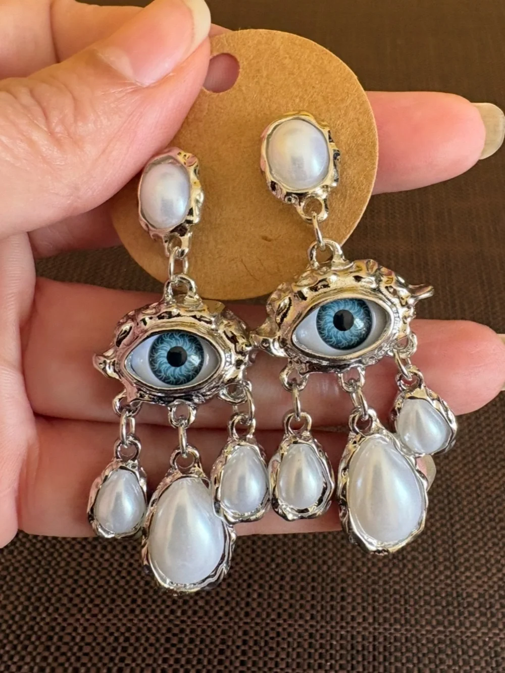 New! Silver Drop Baroque Style Pearls with Blue Evil Eye Chandelier Earrings